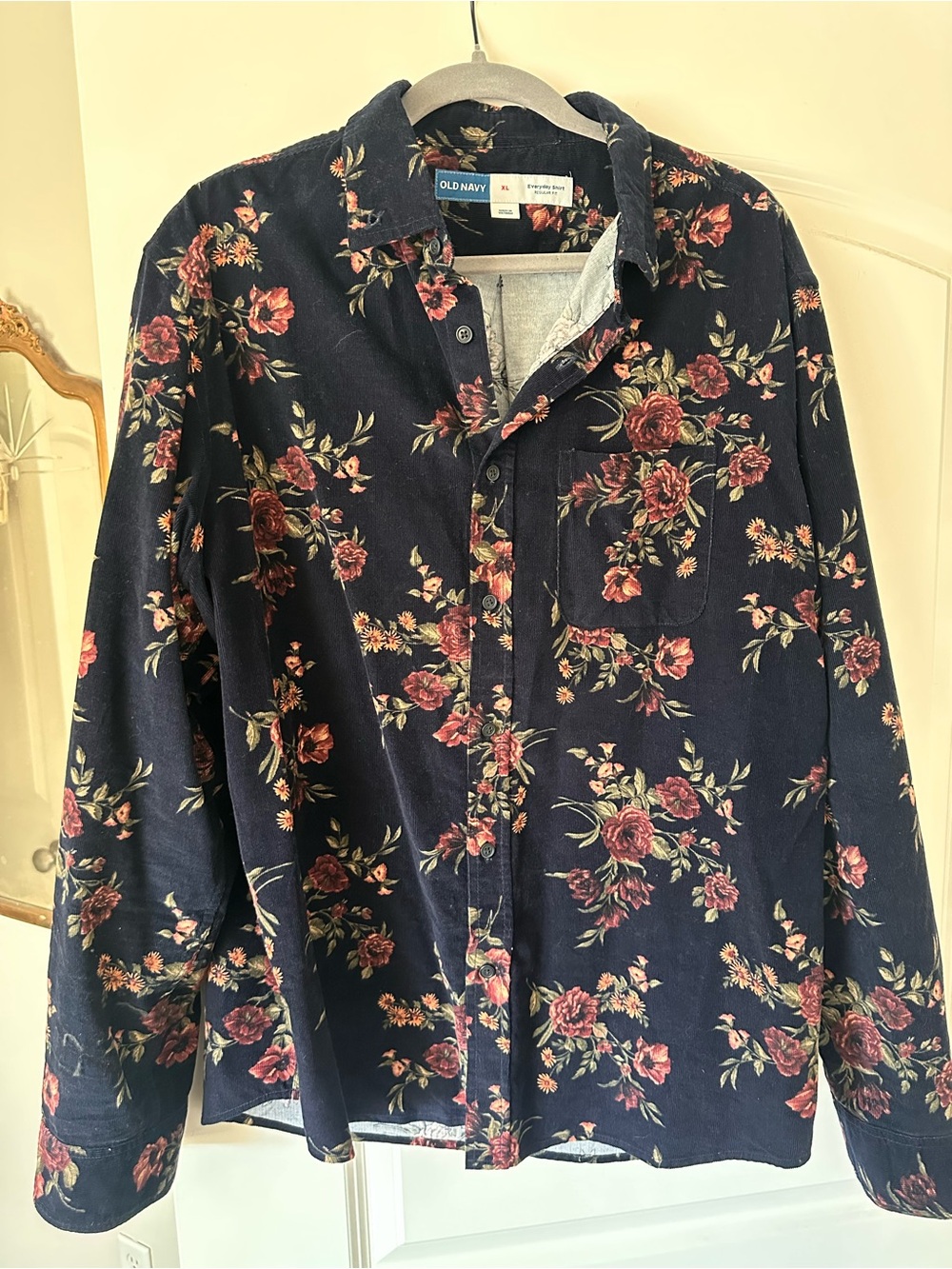 Old Navy Men's Navy Floral Corduroy Velvet Button Down Shirt XL